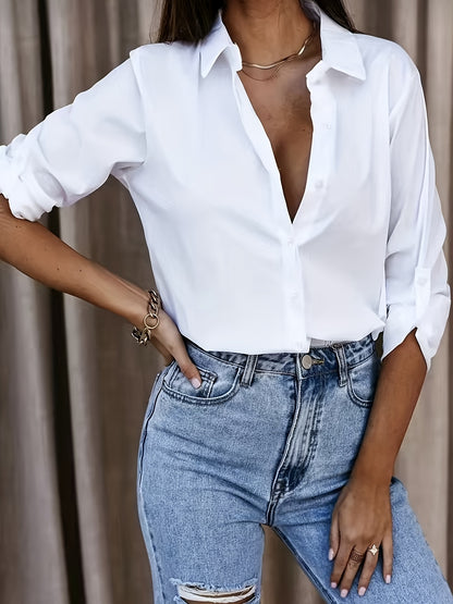 Women’s Button-Up Shirt – 100% Cotton – Oversized Fit – Long Sleeve Casual Wear