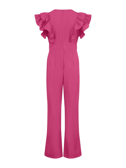 Women's Jumpsuit - V-Neck Wide-Leg - Ruffle Sleeve Elegant Flowy Fit