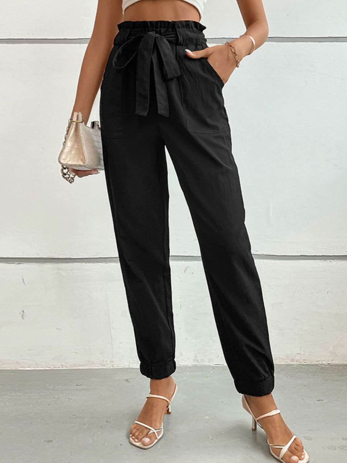 Women’s Paper Bag Trousers - High Waist - Tapered Leg - Tie Front - Relaxed Fit