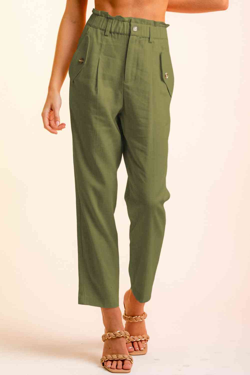 Women’s Cropped Pants – High Waist Paperbag Style – Button Detail – Tapered Fit Casual Wear