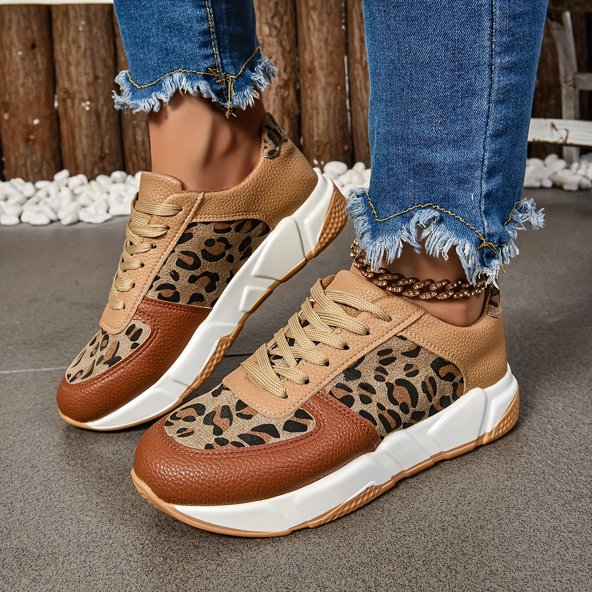 Women's Sneakers - Leopard Print - Chunky Sole - Trendy Casual Lace-Up Shoes