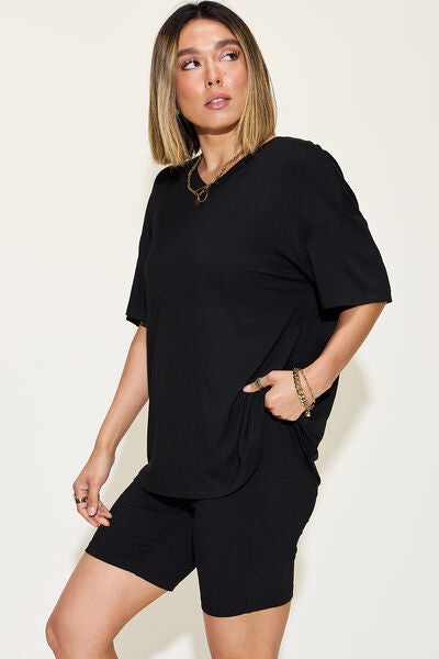 Women's v-neck drop shoulder short sleeve t-shirt and shorts set