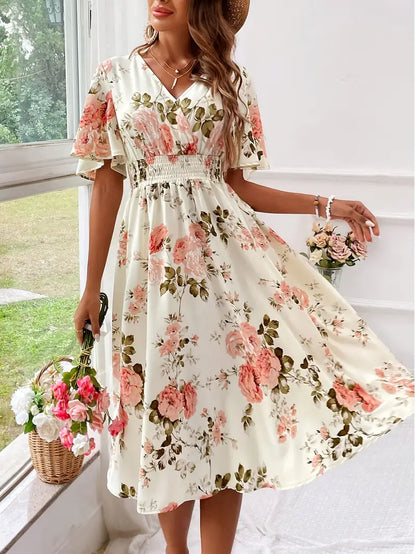 Women's Floral A-Line Dress - V-Neck - Short Flutter Sleeves - Knee-Length Flowy Fit