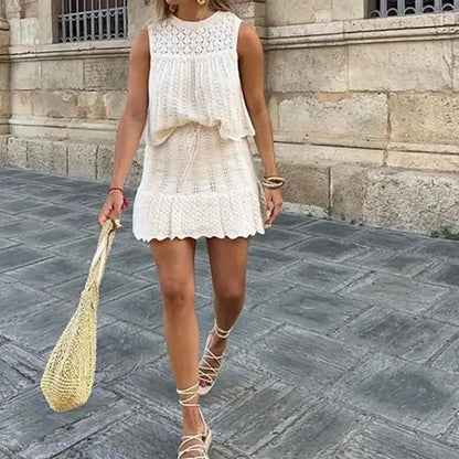 Women’s Sleeveless Knit Dress - Textured Open-Knit Top - Flared Skirt - Ruffled Hem