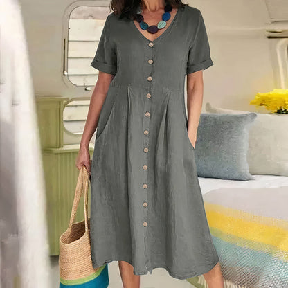 Women's Dress - Cotton Linen Blend - V-Neck Button Front - Short Sleeve Flared Fit