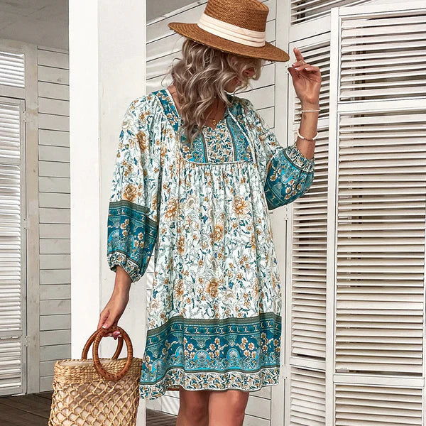 Women's Bohemian Mini Dress - Square Neck - 3/4 Sleeve - Floral Print Flowy Fit