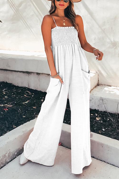 Smocked Bodice Wide-Leg Spaghetti Strap Jumpsuit