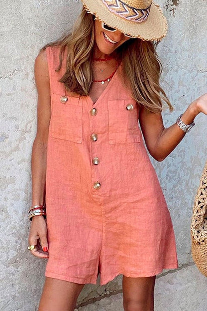 Women's Sleeveless Romper - V-Neck Button Front - Relaxed Fit Lightweight Linen Blend