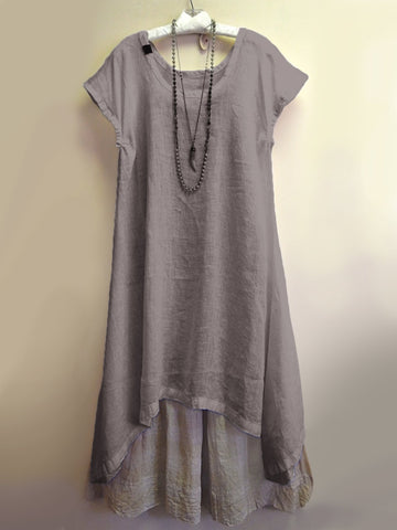 Women's Dress - Loose Fit - Short Sleeve - Round Neck - Layered Asymmetrical Hem - Flowy Boho Style