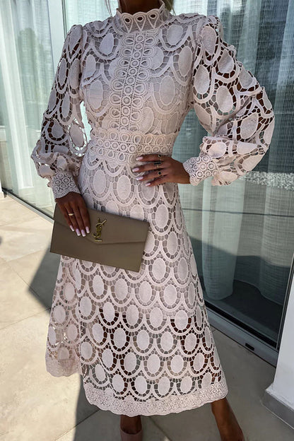 Women's Lace Dress - High Neck - Long Sleeve - Fitted Bodice - Midi Length Elegant Wear