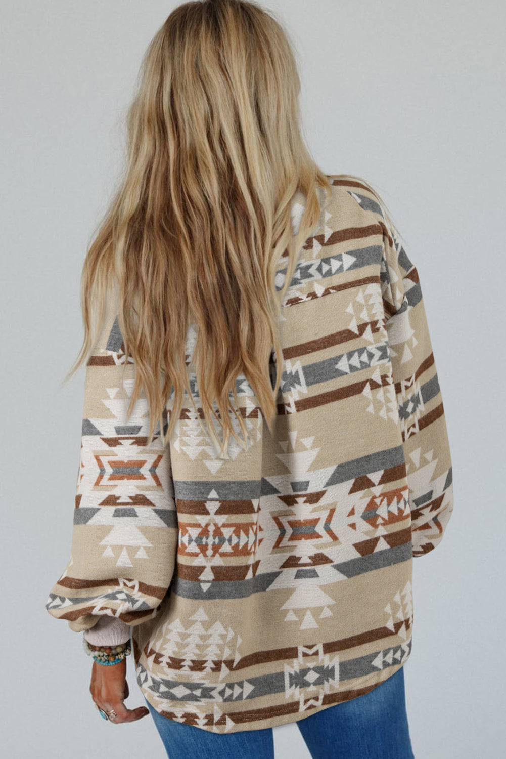 Women's Pullover Sweater - Geometric Tribal Pattern - Henley Neck - Relaxed Fit