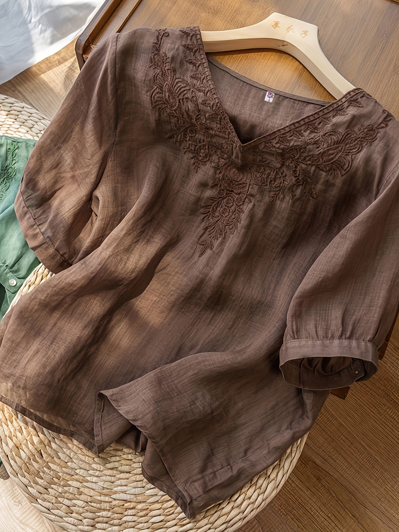 Women's V-Neck Blouse - Embroidered Detail - Short Sleeve - Lightweight & Flowy