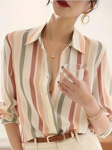 Striped button-down blouse with long sleeves and classic collar for women