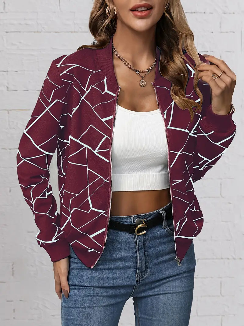 Women's bomber jacket with geo print and zip