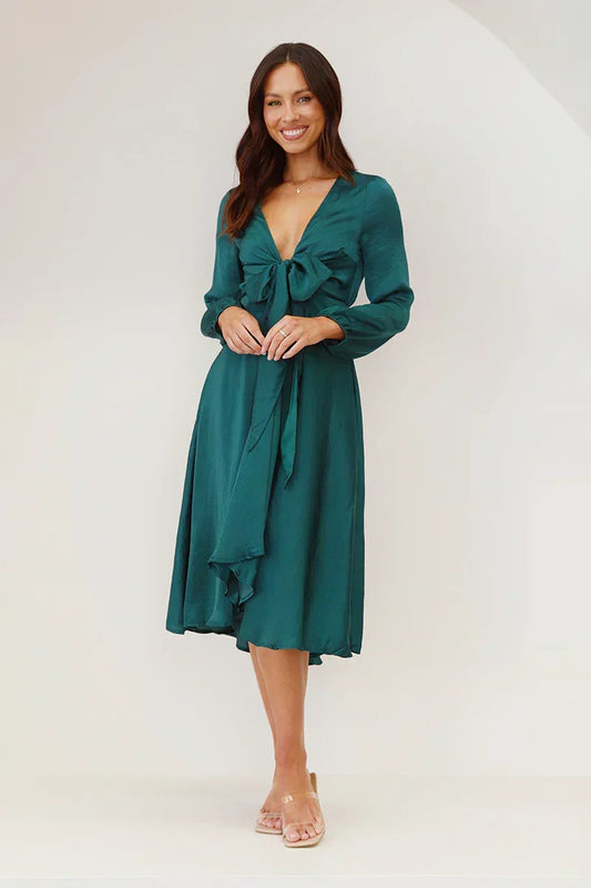 Satin Blend Fitted Bow Front Midi Dress