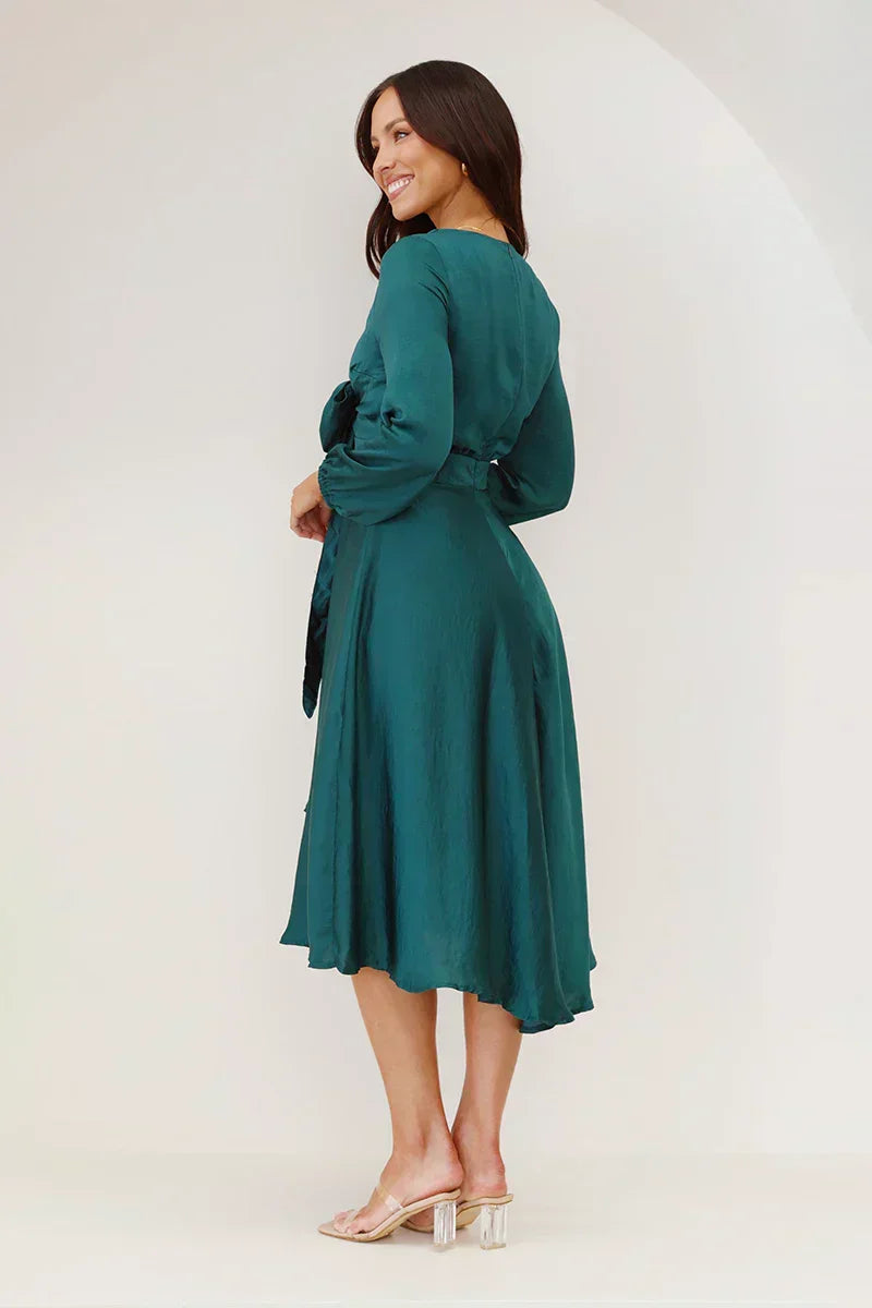 Satin Blend Fitted Bow Front Midi Dress