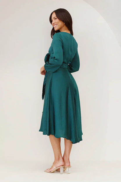 Women’s Midi Dress – Satin Blend – Fitted Bodice – Bow Front – Long Sleeve Elegance