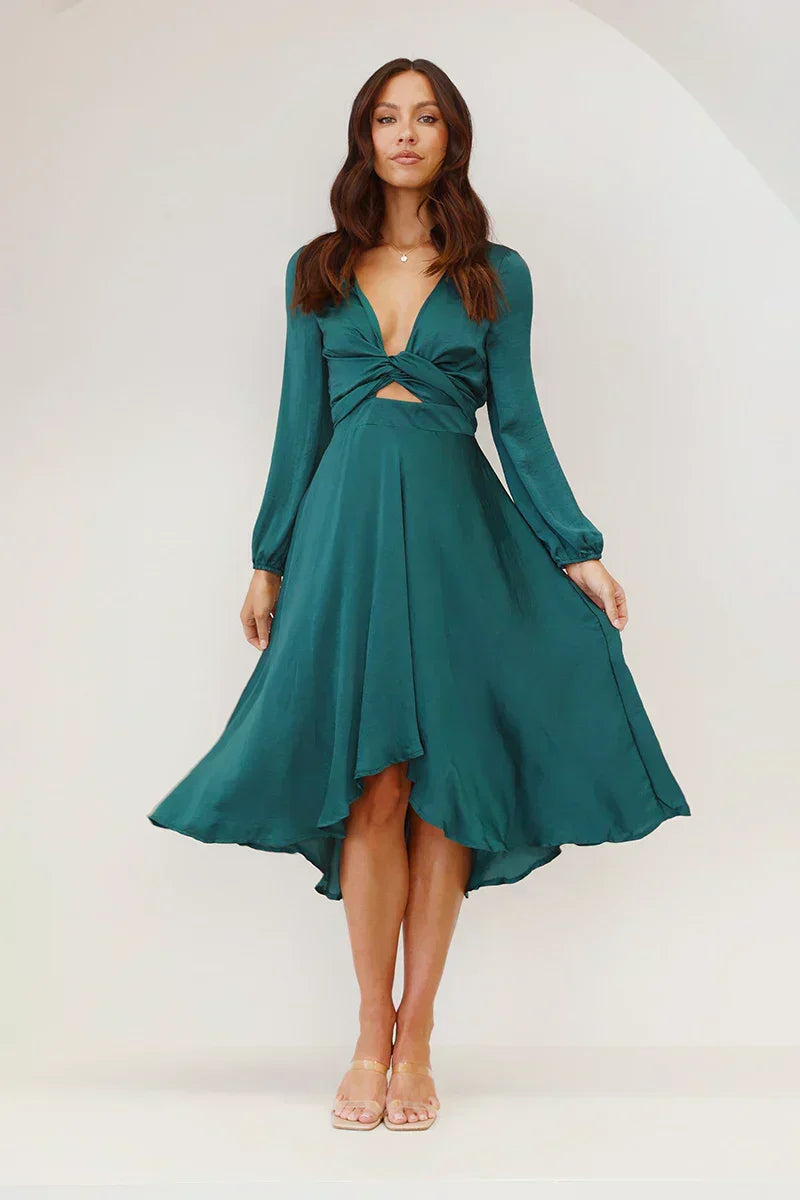 Satin Blend Fitted Bow Front Midi Dress