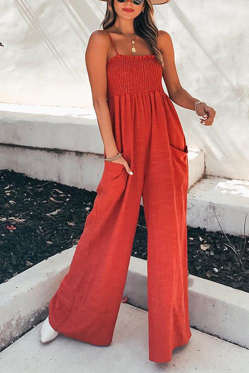 Smocked Bodice Wide-Leg Spaghetti Strap Jumpsuit