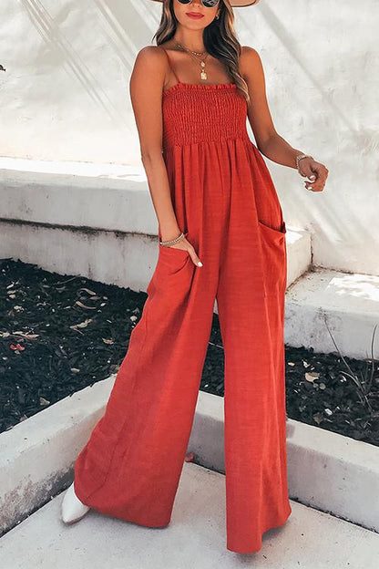 Women's Jumpsuit - Smocked Bodice - Wide-Leg Fit - Spaghetti Straps - With Pockets