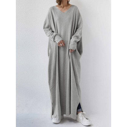 Women's Maxi Dress - Knit Fabric - V-Neck - Long Sleeve Oversized Fit