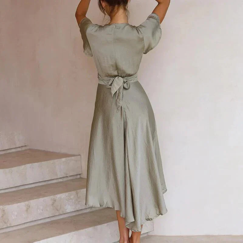 Women's Dress - V-Neck Twist Waist - Short Flutter Sleeve - Flowy A-Line Hem