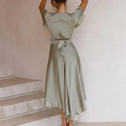 Women's Dress - V-Neck Twist Waist - Short Flutter Sleeve - Flowy A-Line Hem