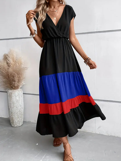 Women's Maxi Dress - V-Neck Short Sleeve - Cinched Waist Flowing Fit - Asymmetrical Hem
