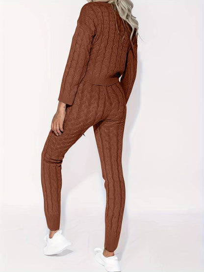 Women’s Lounge Set - Cable Knit - Off Shoulder Sweater - High Waist Tapered Pants