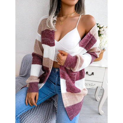 Women's contrast color striped lantern sleeve cardigan