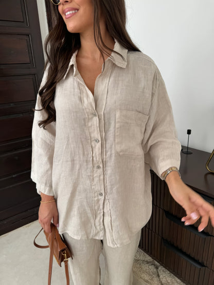 Women's Button-Up Shirt - Lightweight fabric - Relaxed Fit - Long Sleeve Casual Wear