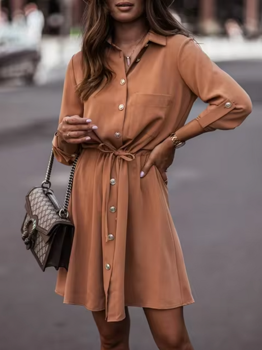 Tie Waist Button-Up Long Sleeve Shirt Dress