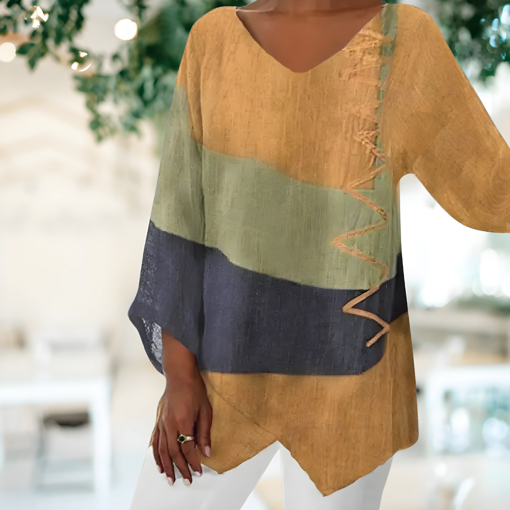 Women's V-Neck Tunic Top - Relaxed Fit - Three-Quarter Sleeve - Lightweight Casual Wear