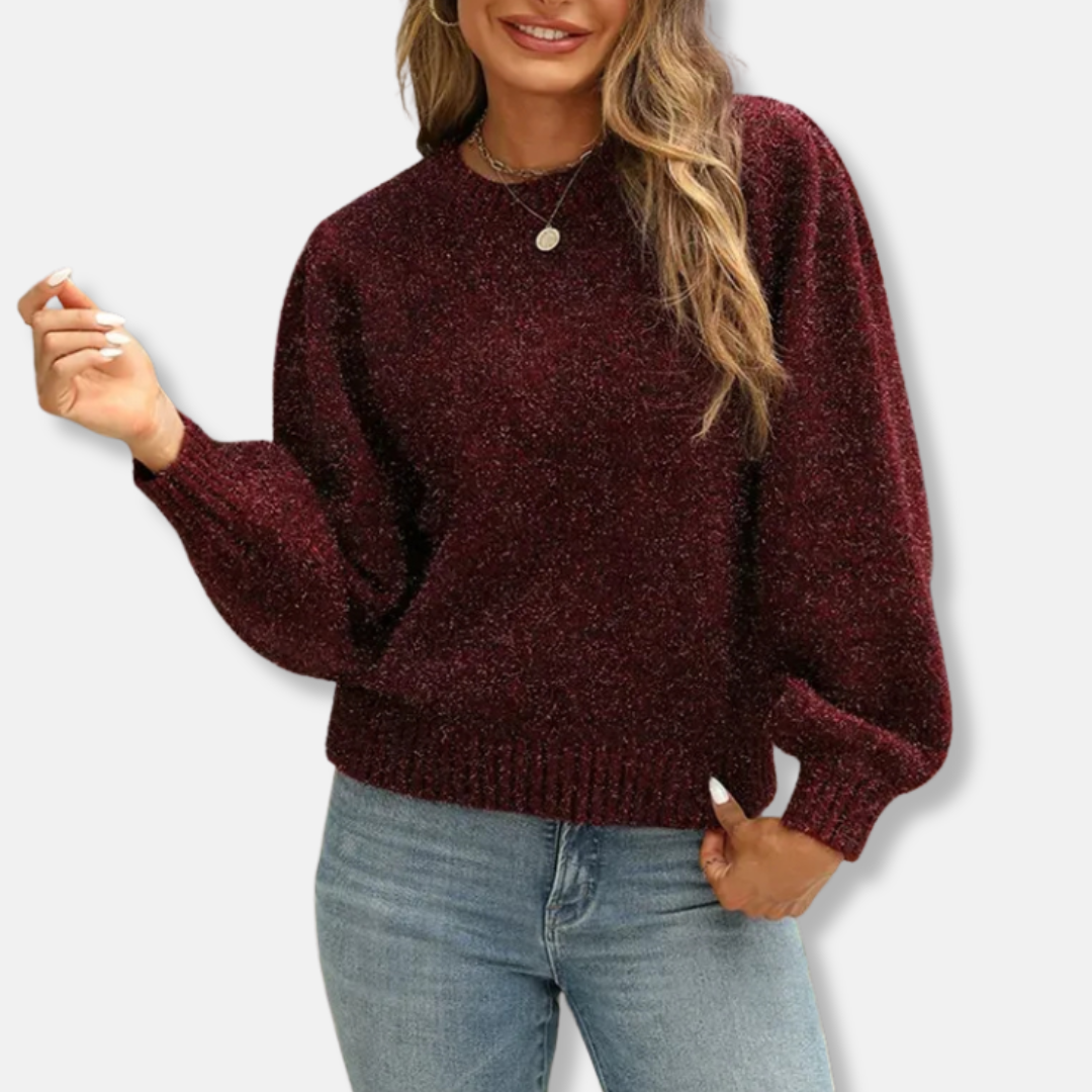 Women’s Sweatshirt – Relaxed Fit – Plush Knit – Puff Sleeves – Crew Neck Casual Style