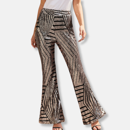Women’s Pants – High Waist – Sequin Geometric Detail – Wide Leg – Full Length Fit
