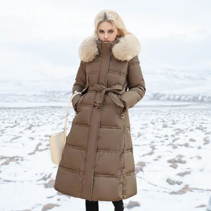 Women's slim fit over knee jacket with fur collar and belt
