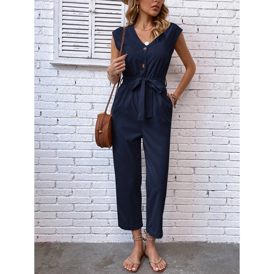 Belted Waist Tapered Leg Jumpsuit