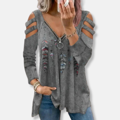 Florence Relaxed Fit Pullover Top | Zipper V-Neck Cold Shoulder Pullover Top