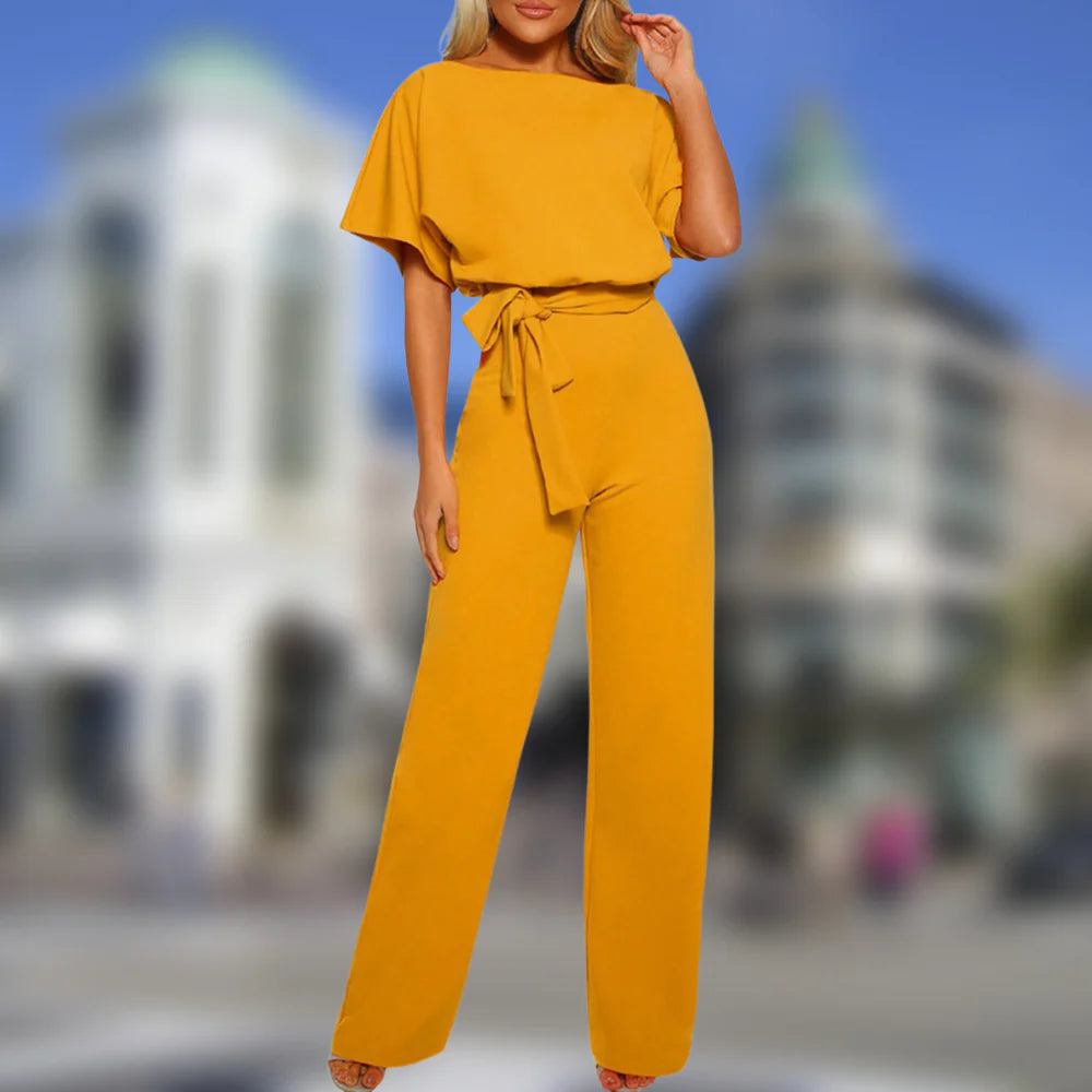 Women's Wide-Leg Jumpsuit - Boat Neck - Short Loose Sleeves - Belted Waist