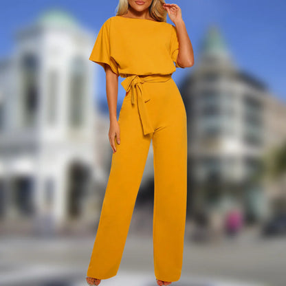 Women's Wide-Leg Jumpsuit - Boat Neck - Short Loose Sleeves - Belted Waist