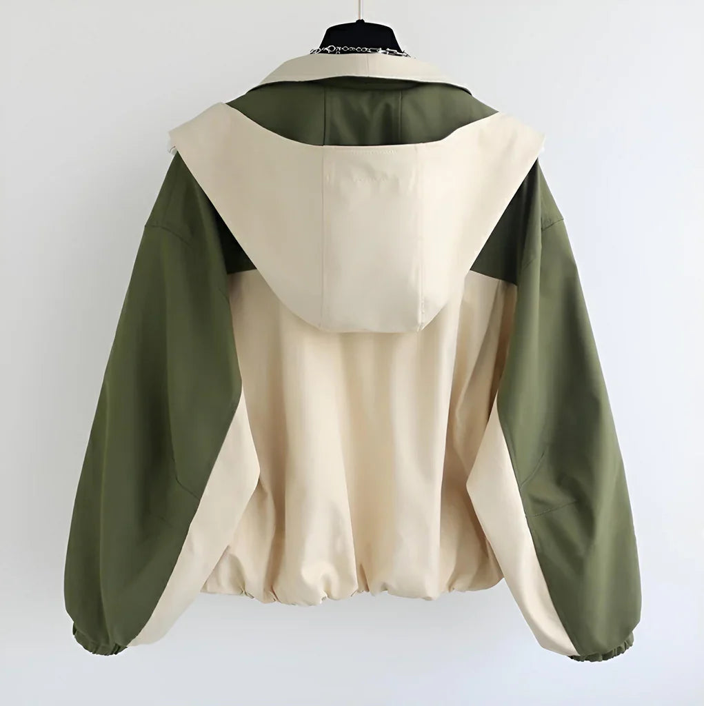 Women’s Short Jacket – Oversized Relaxed Fit – Two-Tone – Blouson Hem – Wide Lapel