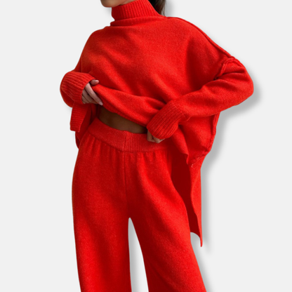 Women’s Two-Piece Sweater Suit Set – Chunky Knit – Oversized Fit – Turtleneck and Wide-Leg Pants