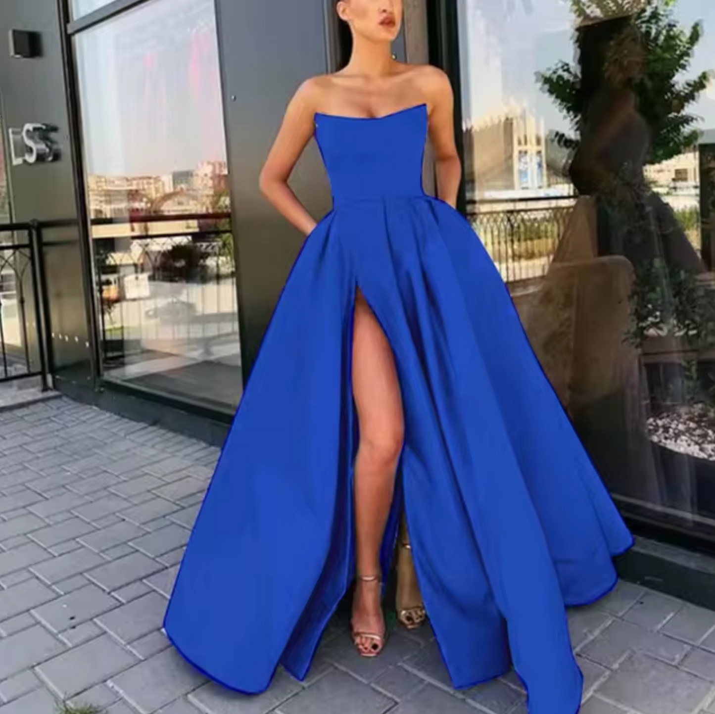 Women's Evening Gown - Strapless A-Line - Floor-Length with High Slit - Formal Wear