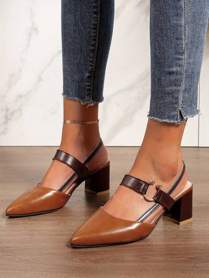 Women's Slingback Heels - Pointed Toe - Block Heel - Adjustable Strap Elegant Design