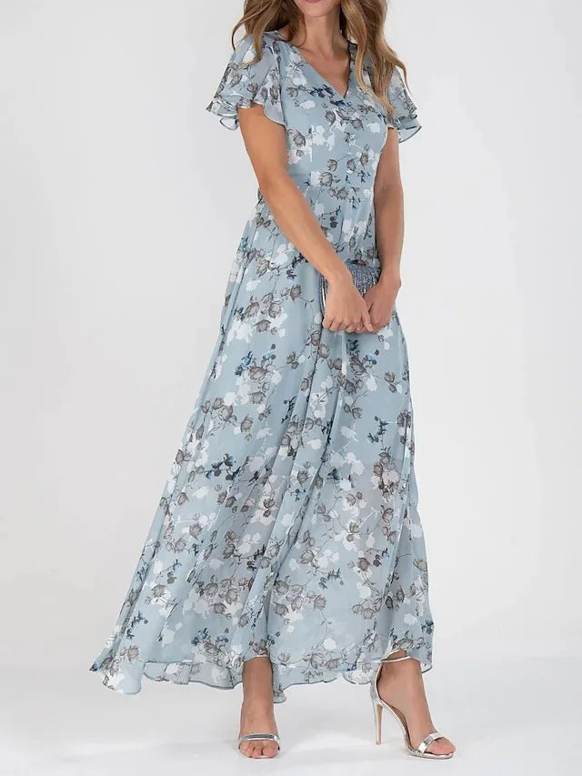 Floral Print Flowy V-Neck Maxi Dress