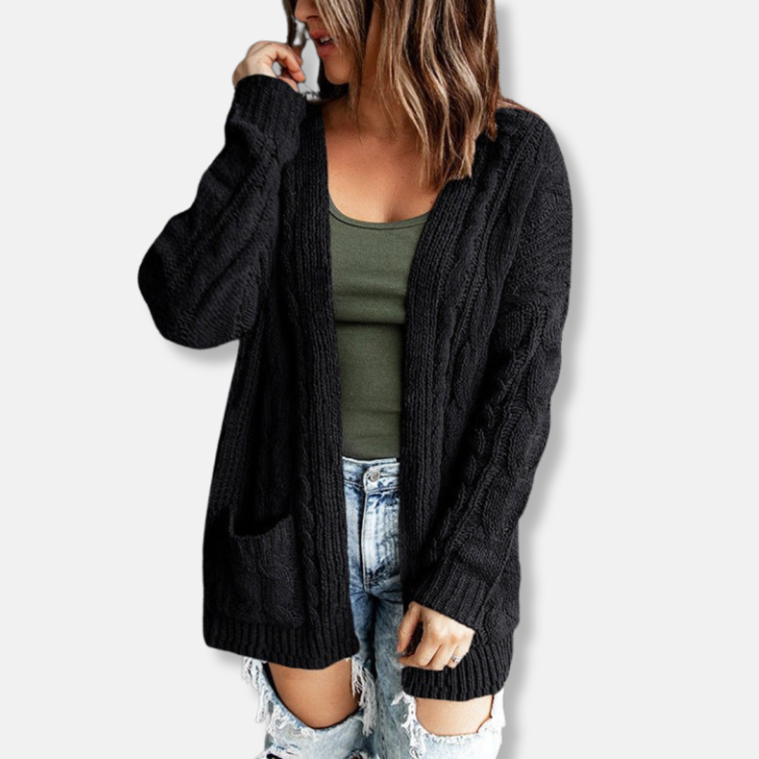 Women’s Knitted Cardigan – Relaxed Fit – Cable Knit – Open Front – Front Pockets