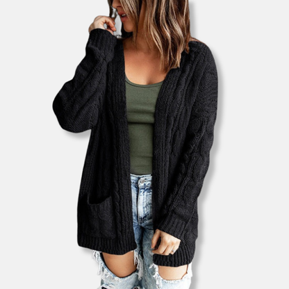 Women’s Knitted Cardigan – Relaxed Fit – Cable Knit – Open Front – Front Pockets