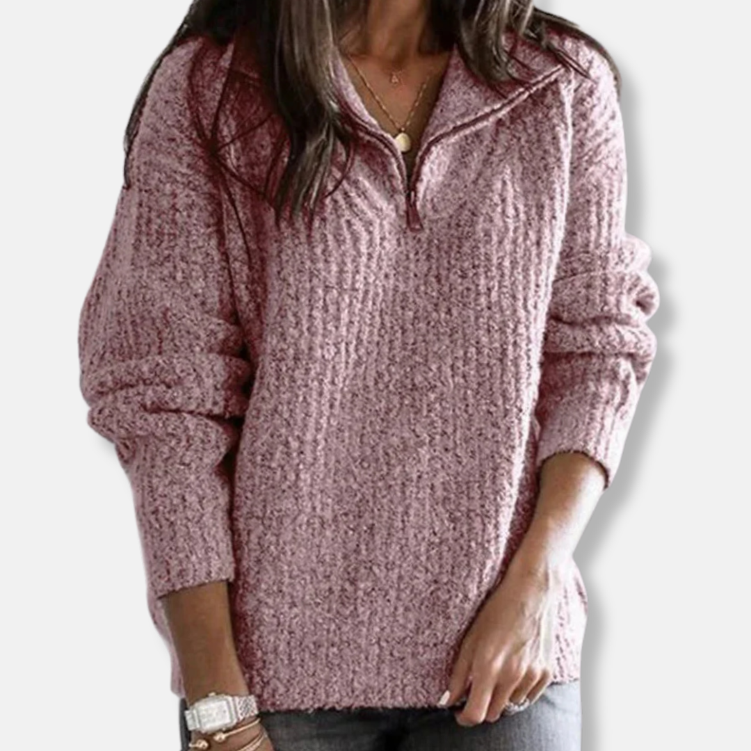 Isla Ribbed Half-Zip Pullover Sweater | Collared Relaxed Fit Sweater