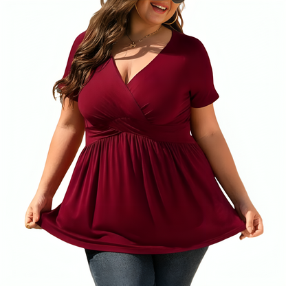 Women's V-Neck Wrap Top - Short Sleeve - Fitted Waist - Flared Peplum Design
