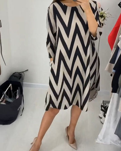 Women's A-Line Dress - Three-Quarter Sleeve - Round Neck - Bold Zigzag Pattern